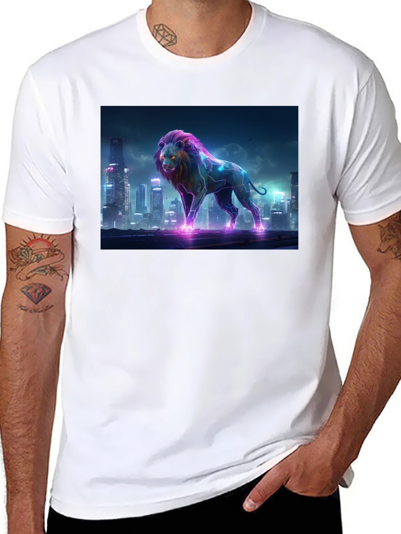 Neon Lion Cityscape Black T-Shirt