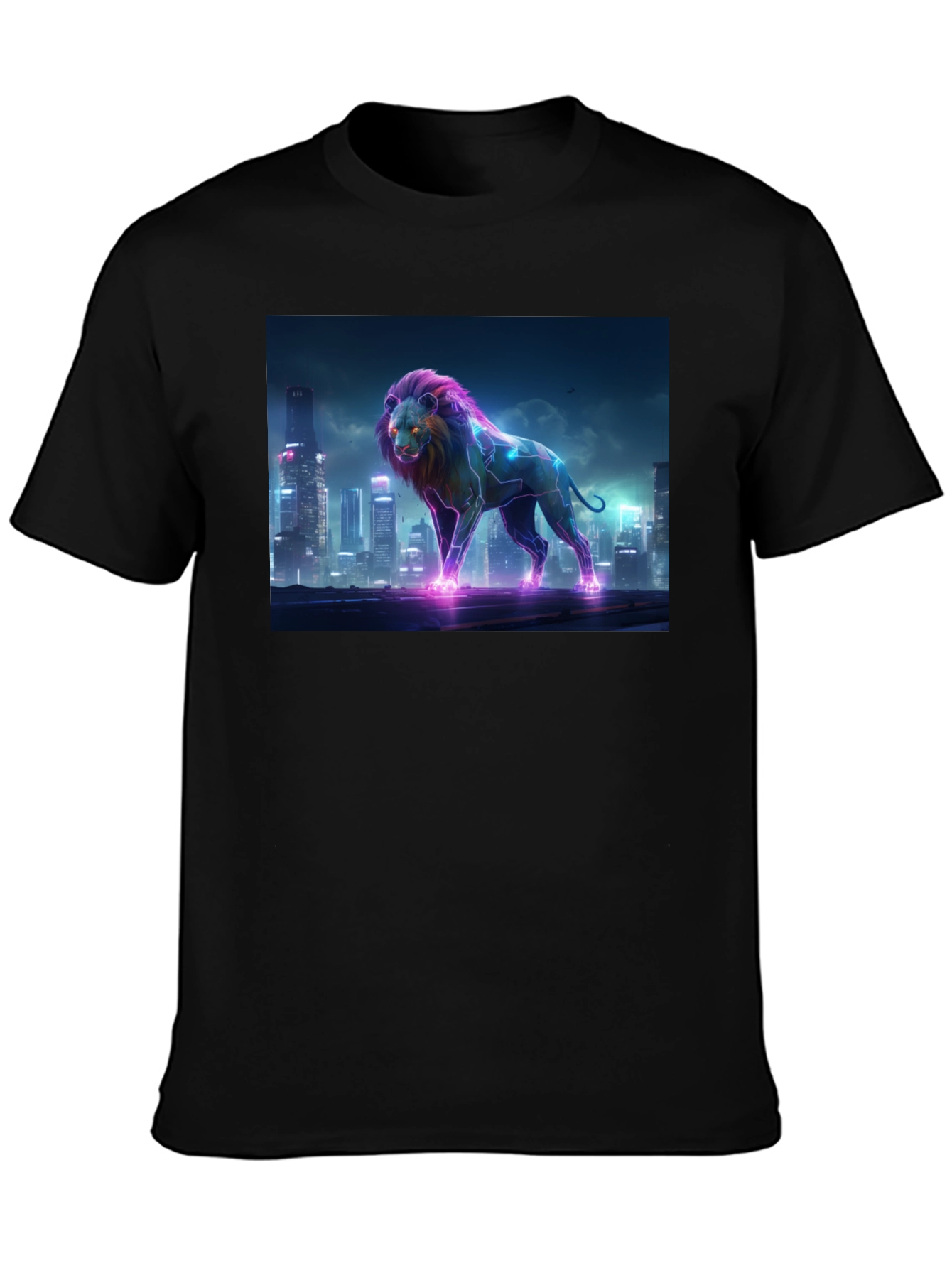 Neon Lion Cityscape Black T-Shirt