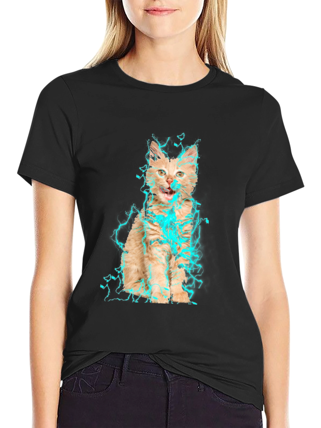 Electric Cat Graphic T-Shirt - Black Cotton Tee