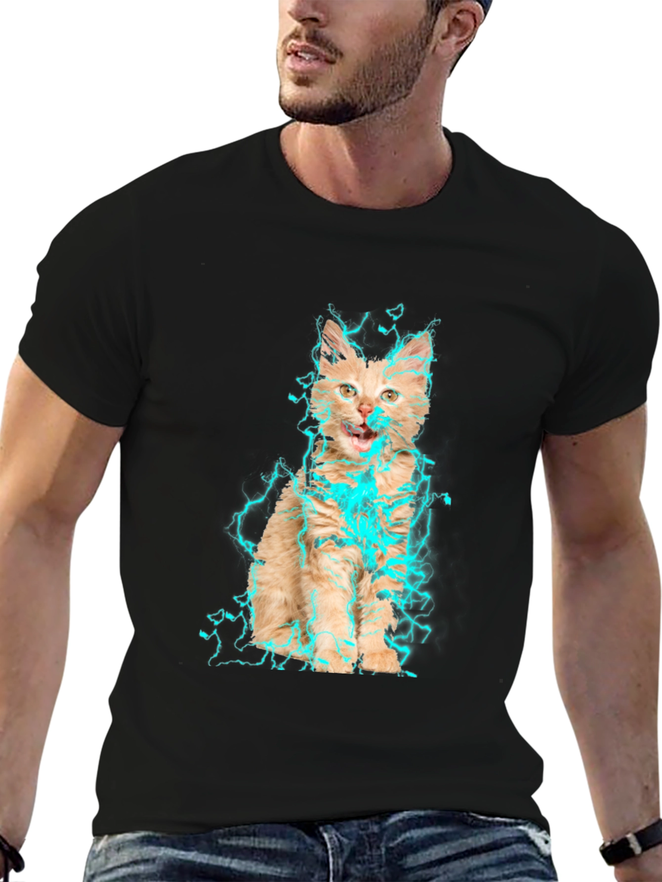 Electric Cat Graphic T-Shirt - Black Cotton Tee