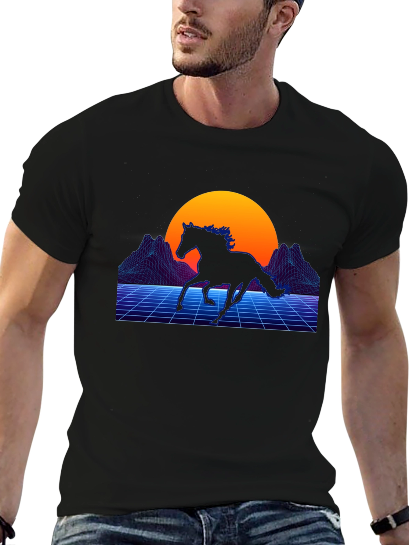 Retro Horse Graphic Tee - Black Cotton Blend