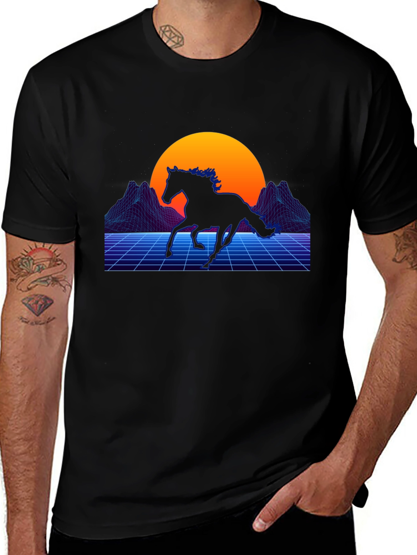 Retro Horse Graphic Tee - Black Cotton Blend