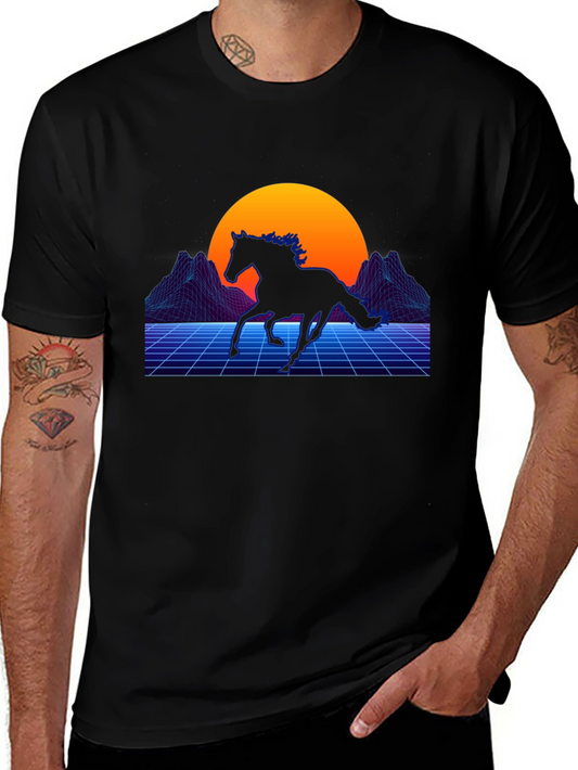 Retro Horse Graphic Tee - Black Cotton Blend
