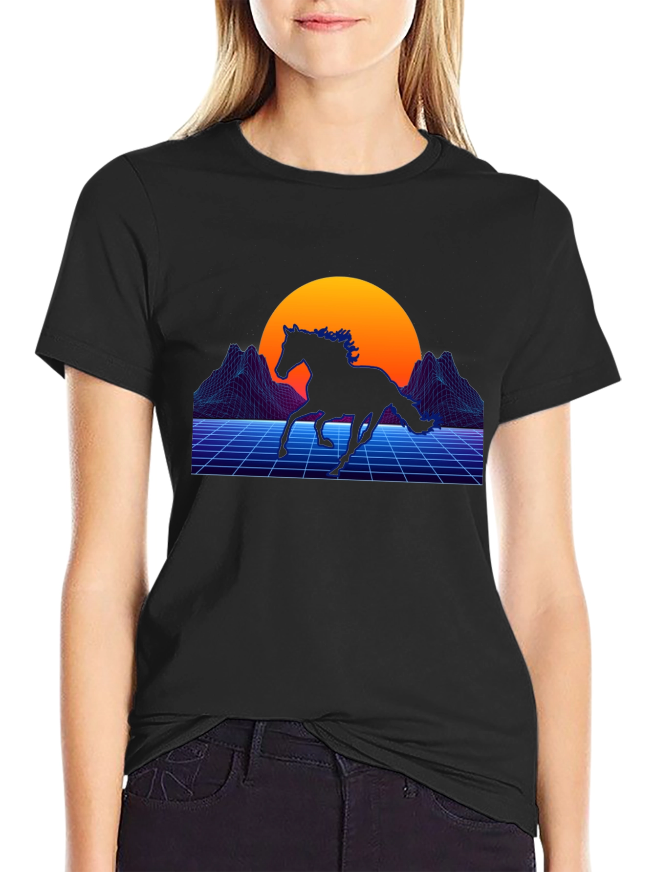 Retro Horse Graphic Tee - Black Cotton Blend