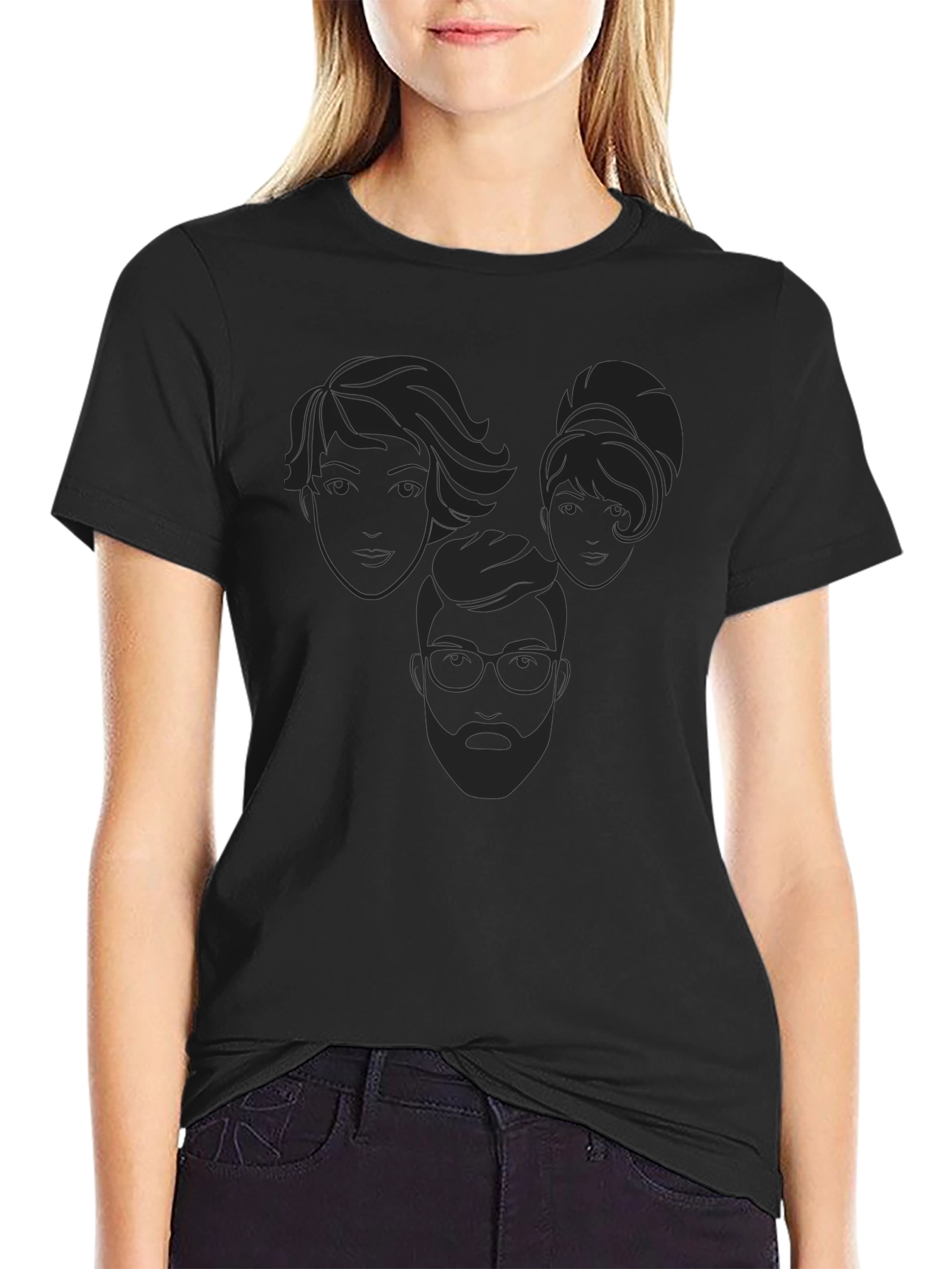 Abstract Faces Graphic Tee - Casual Black T-Shirt