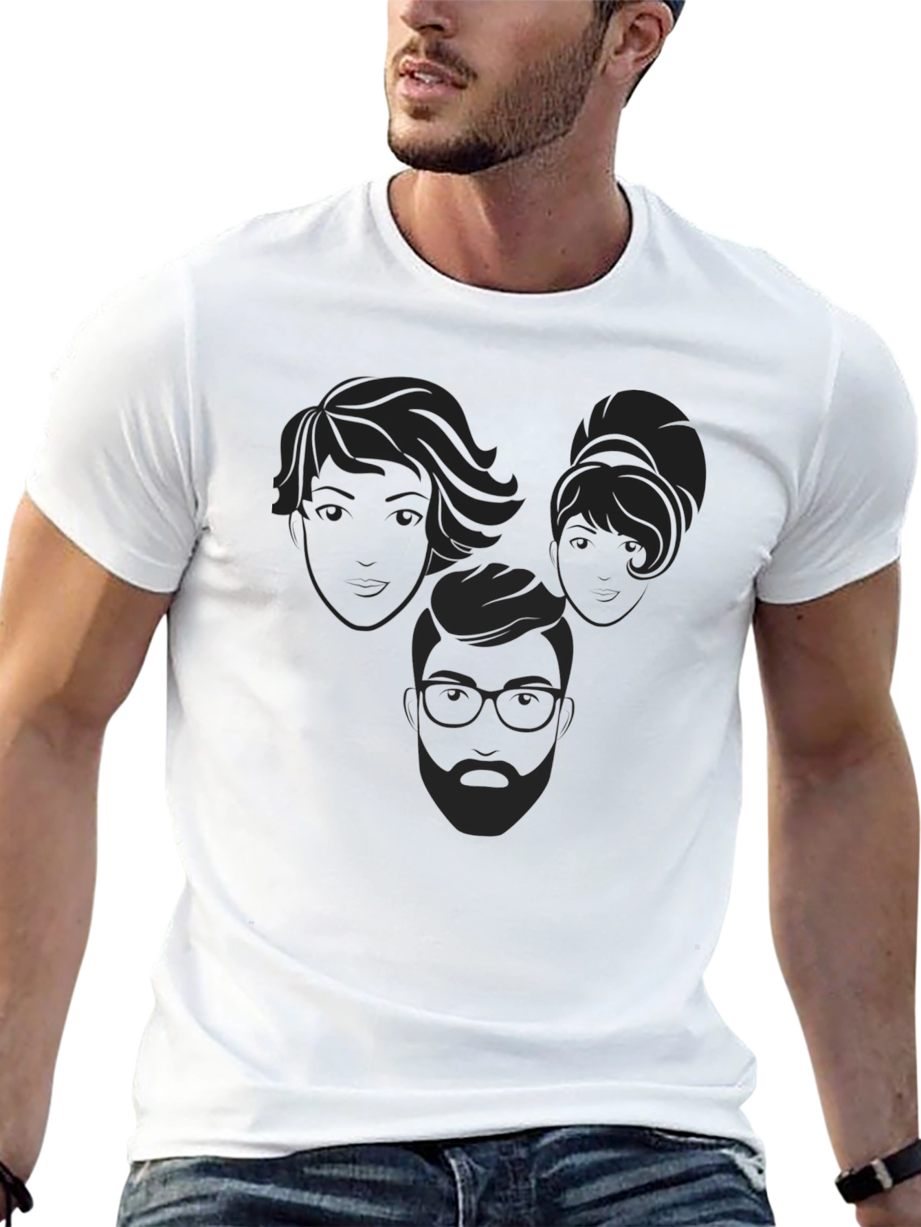 Abstract Faces Graphic Tee - Casual Black T-Shirt
