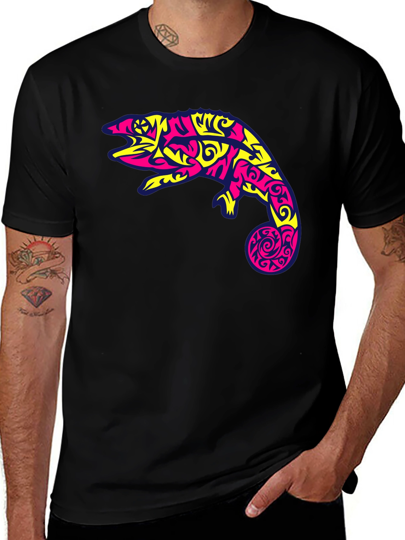 Black T-Shirt with Abstract Chameleon Graphic
