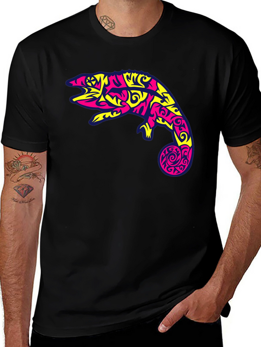 Black T-Shirt with Abstract Chameleon Graphic