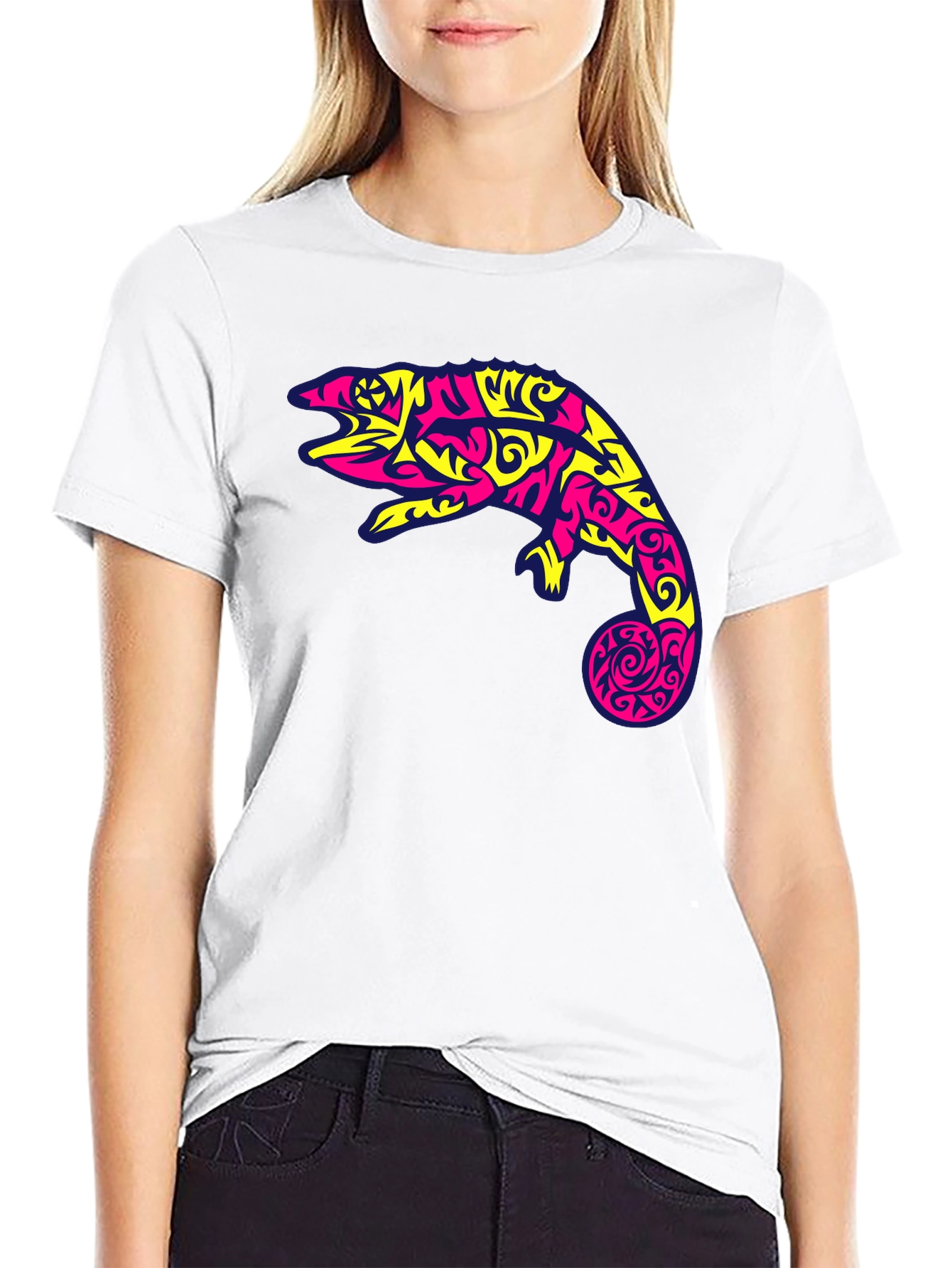 Black T-Shirt with Abstract Chameleon Graphic