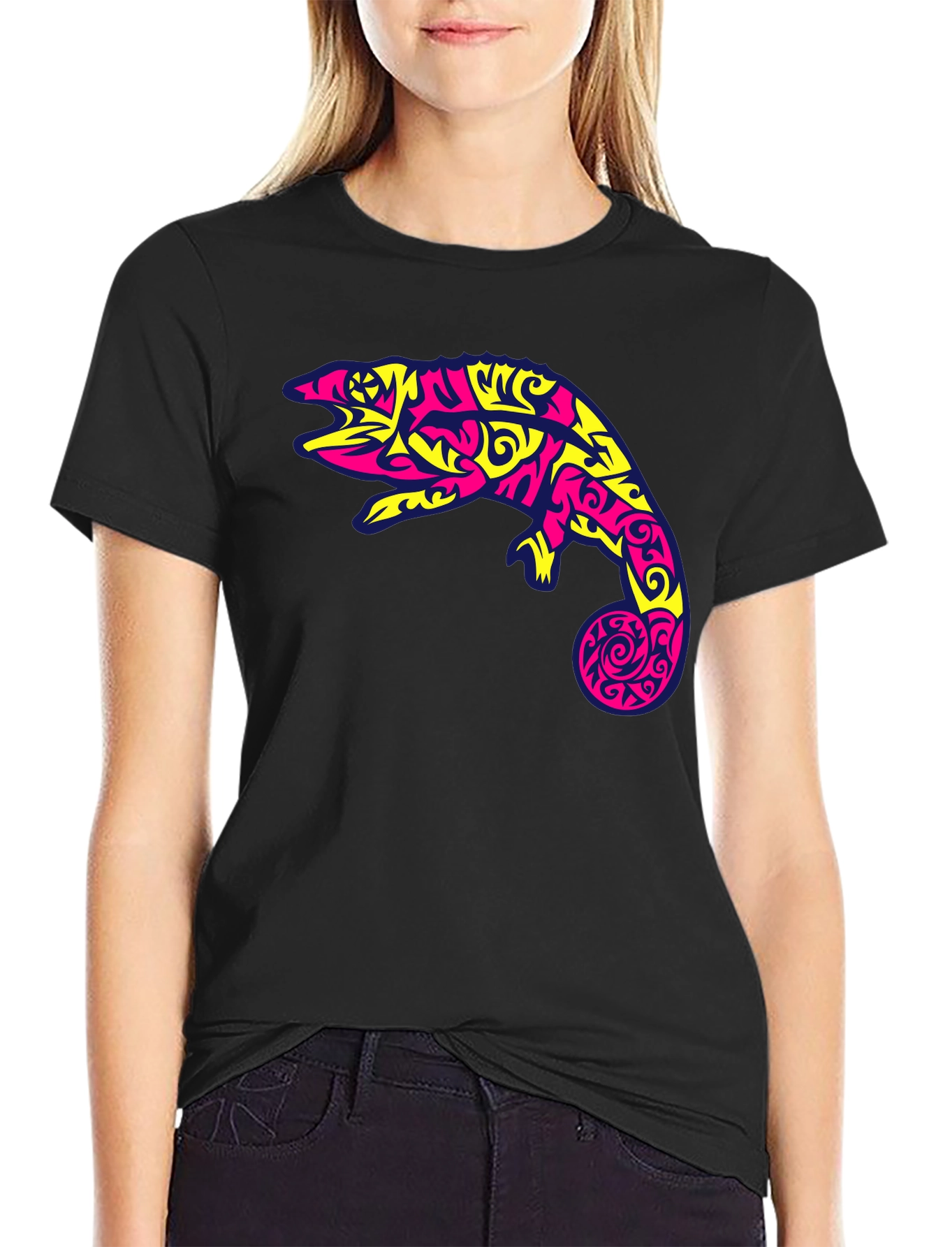Black T-Shirt with Abstract Chameleon Graphic