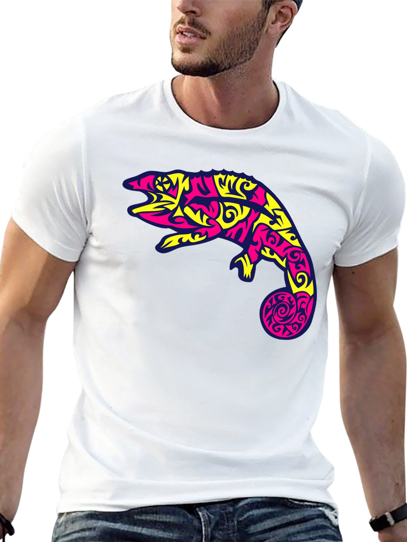 Black T-Shirt with Abstract Chameleon Graphic
