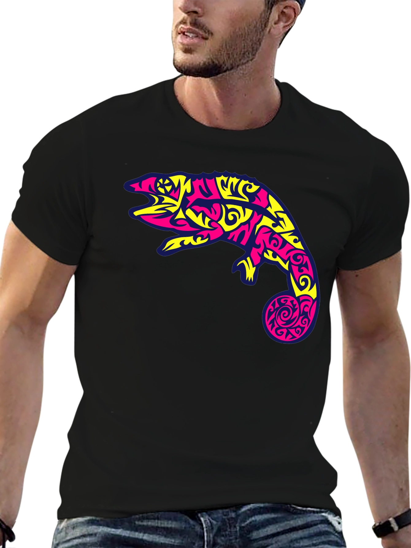 Black T-Shirt with Abstract Chameleon Graphic