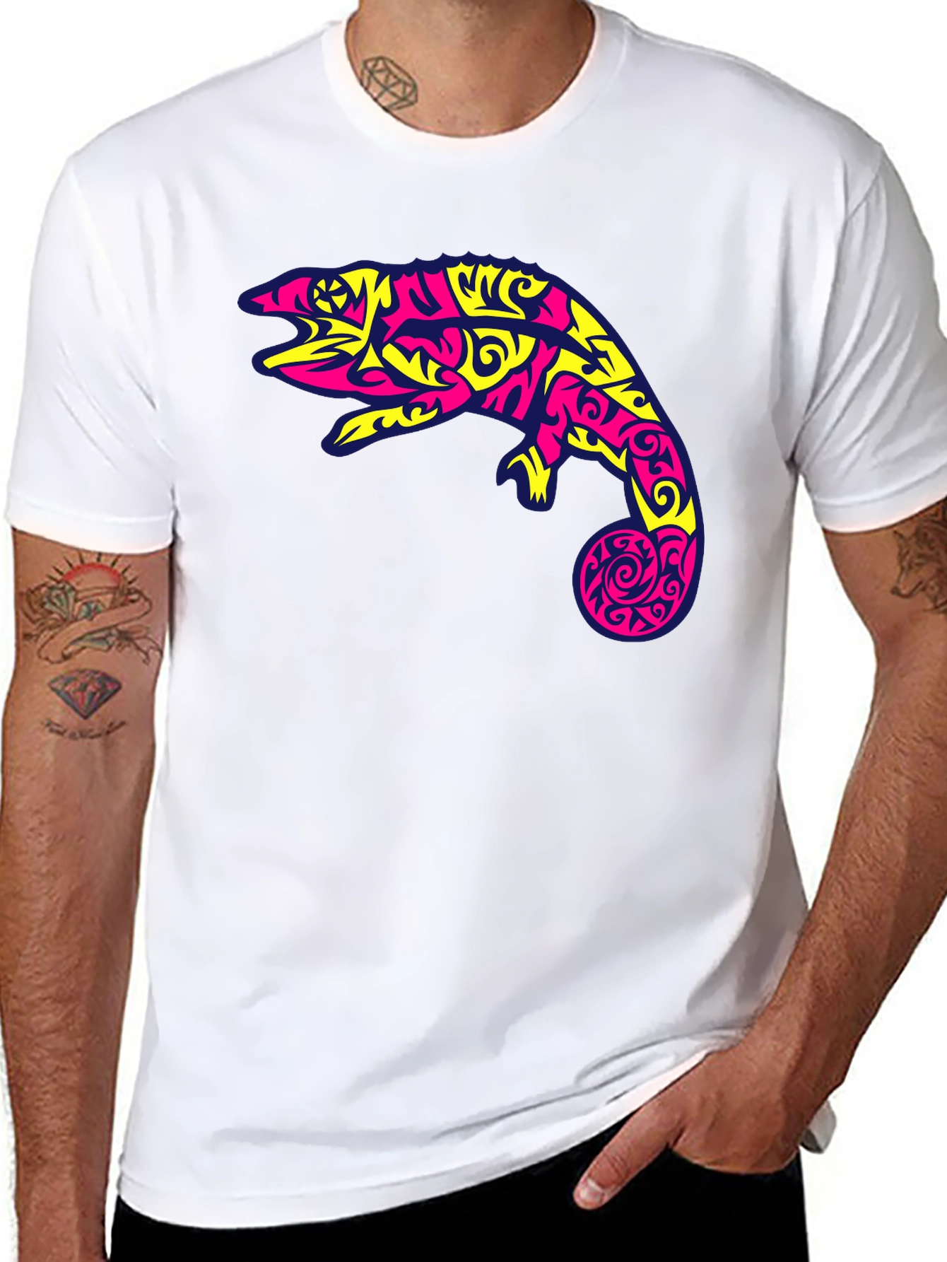 Black T-Shirt with Abstract Chameleon Graphic