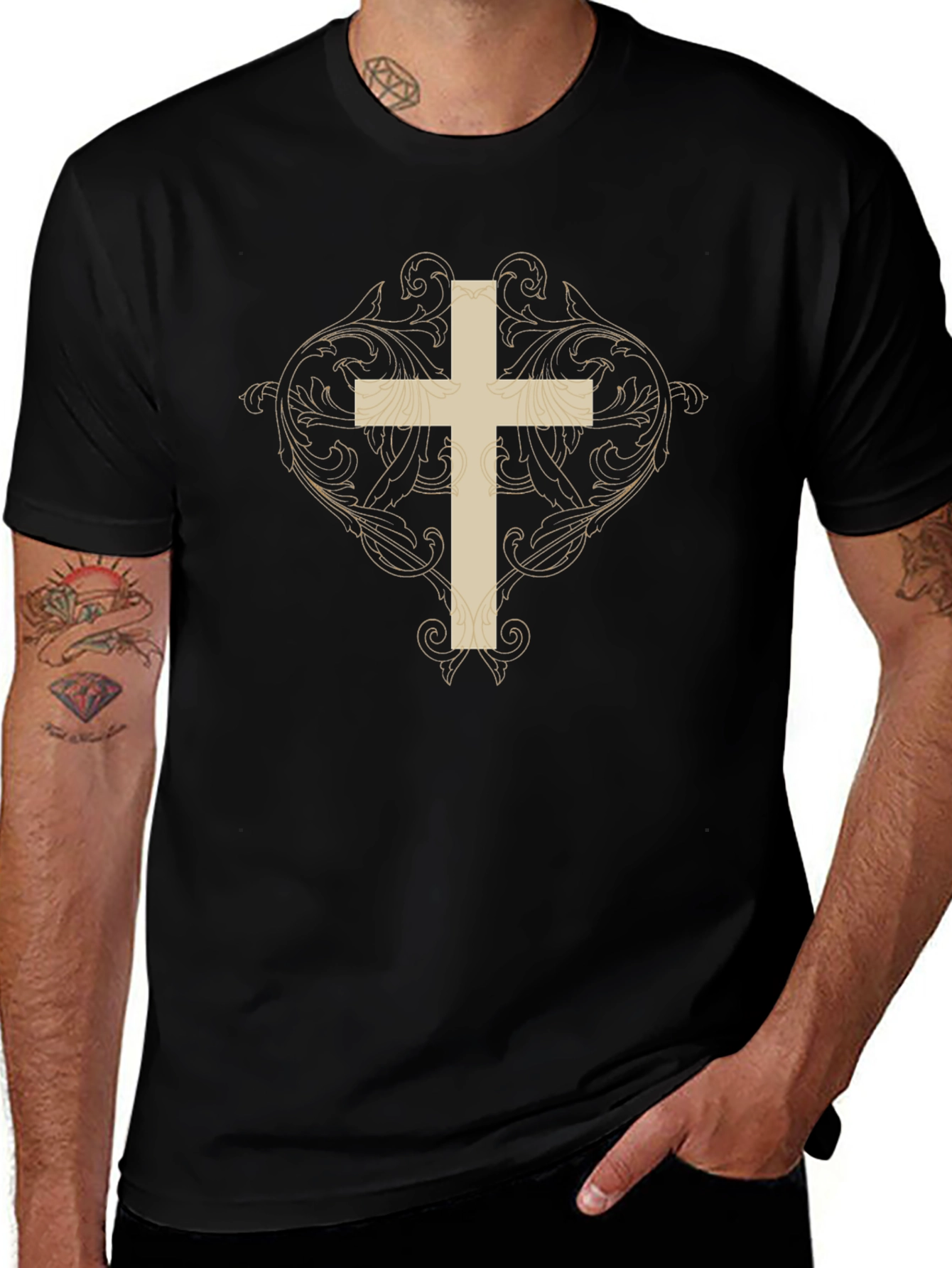 Ornate Cross Graphic Print Black T-Shirt