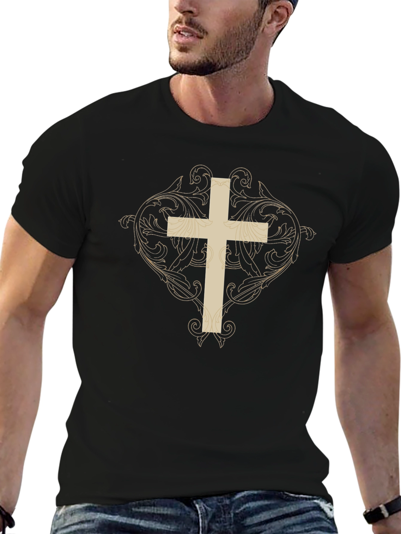 Ornate Cross Graphic Print Black T-Shirt