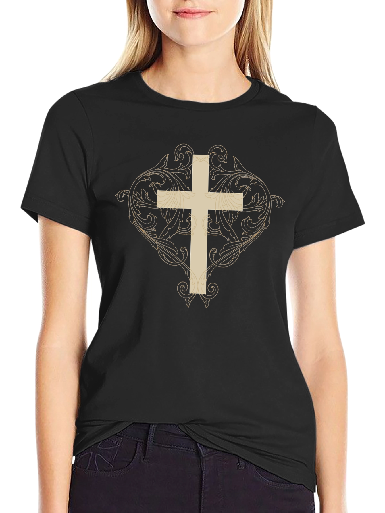 Ornate Cross Graphic Print Black T-Shirt