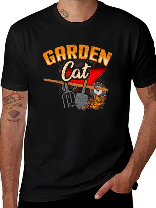 Garden Cat Graphic Tee Black Cotton T-Shirt