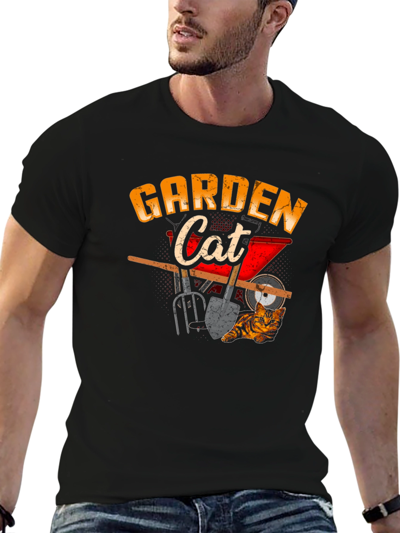 Garden Cat Graphic Tee Black Cotton T-Shirt