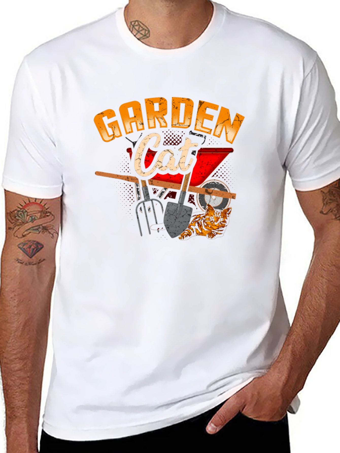 Garden Cat Graphic Tee Black Cotton T-Shirt