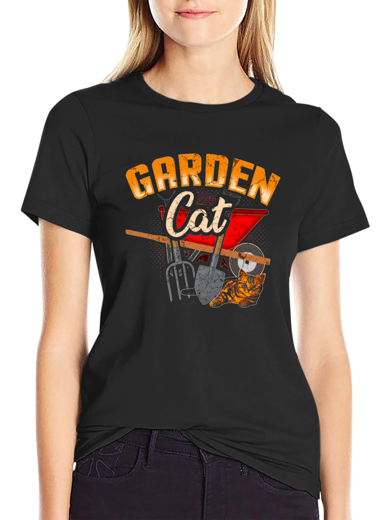 Garden Cat Graphic Tee Black Cotton T-Shirt