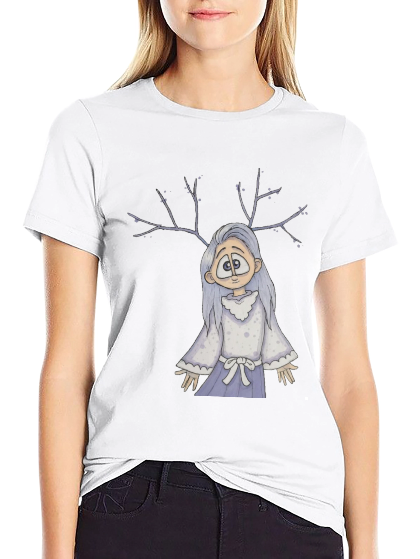 Whimsical Antler Girl Black T-Shirt