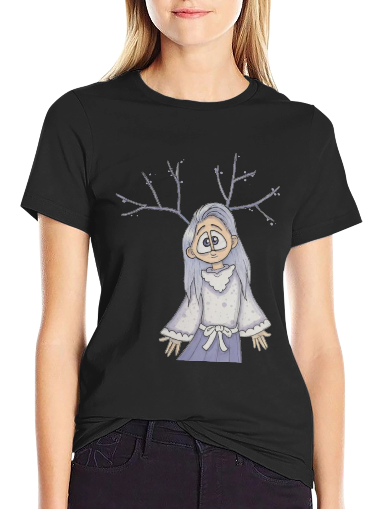 Whimsical Antler Girl Black T-Shirt