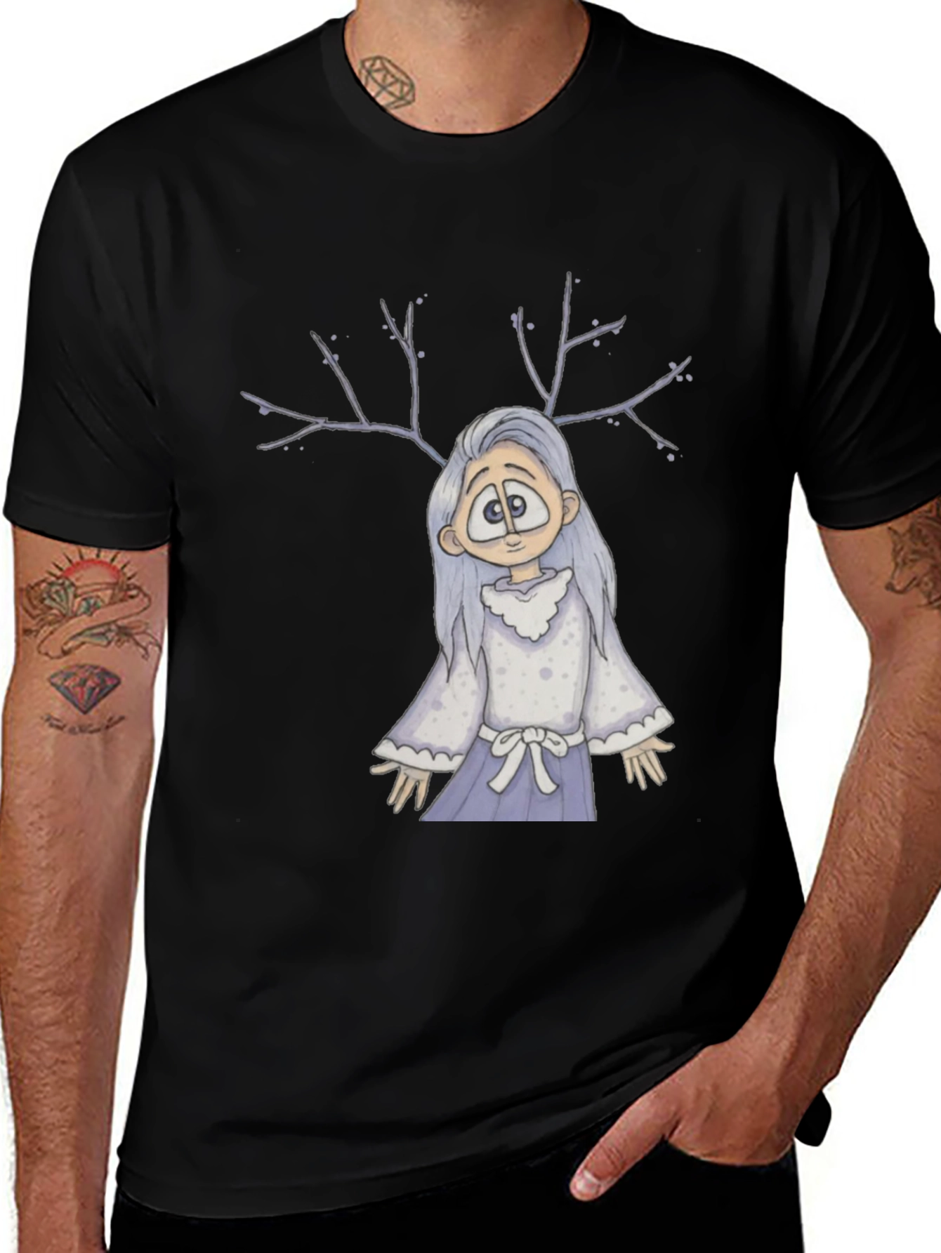 Whimsical Antler Girl Black T-Shirt