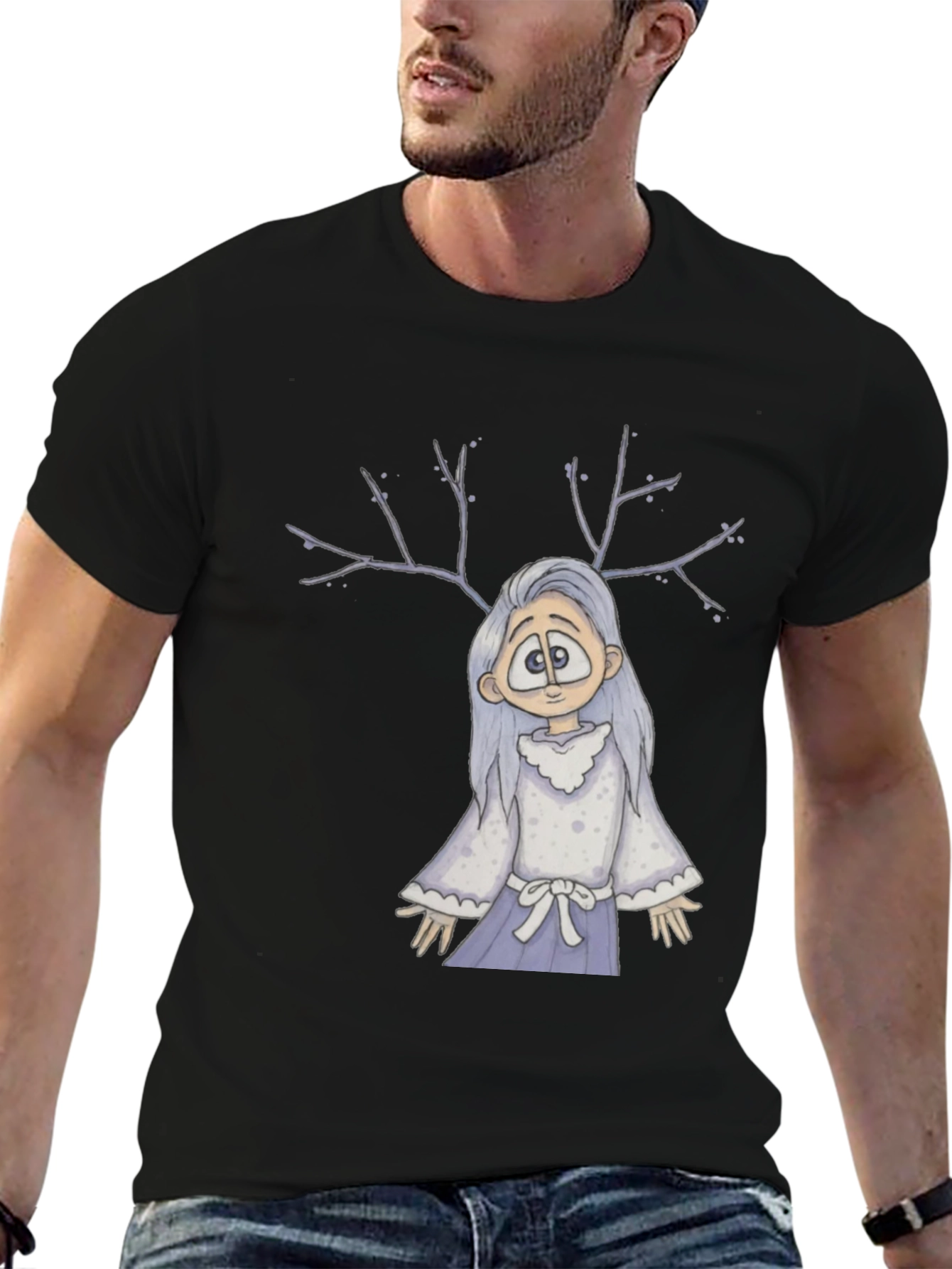 Whimsical Antler Girl Black T-Shirt