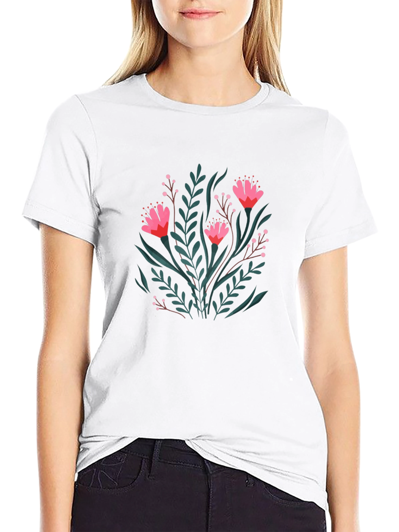 Floral Print Black Crew Neck T-Shirt