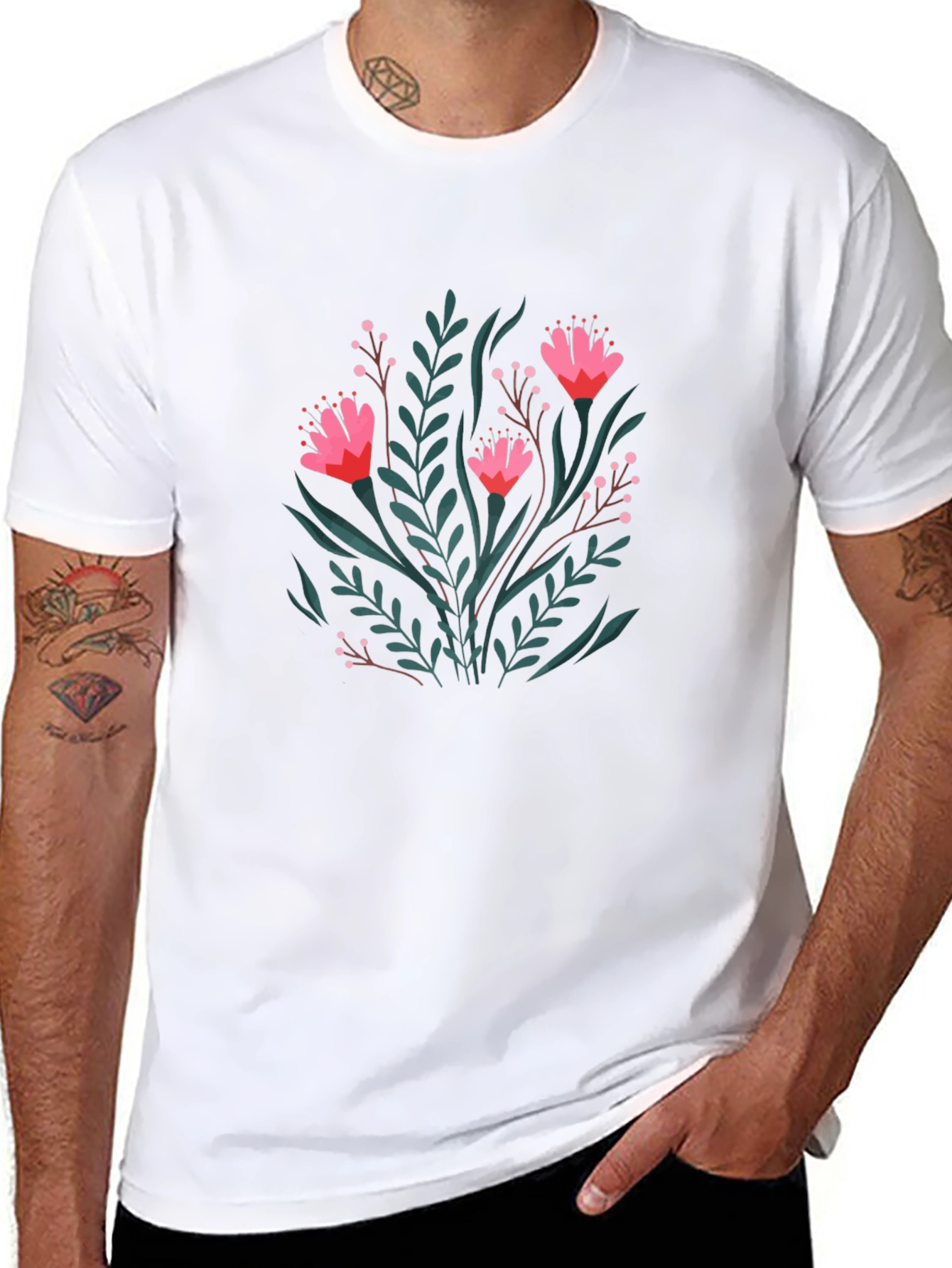 Floral Print Black Crew Neck T-Shirt