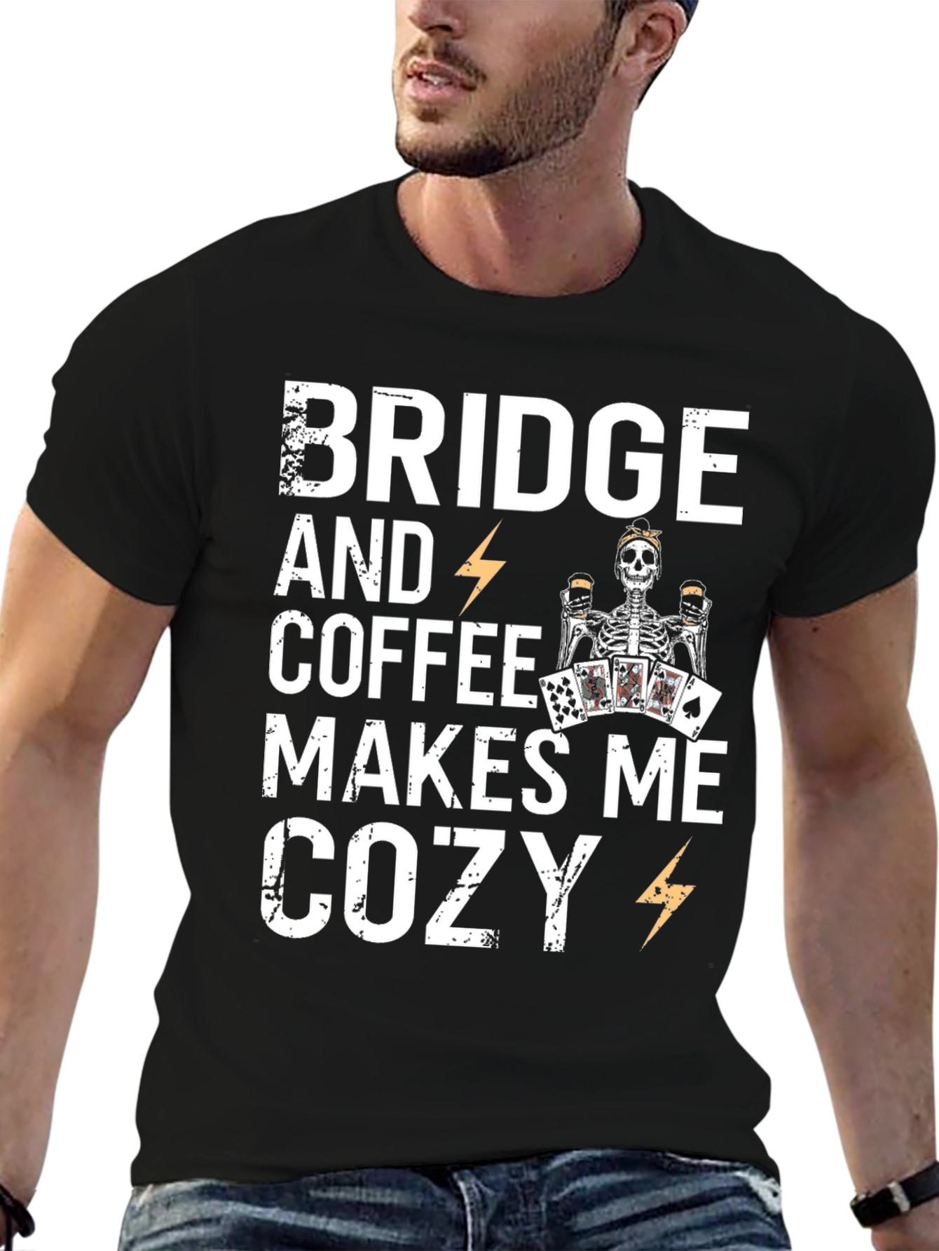 Bridge & Coffee T-Shirt - Cozy Skeleton Design