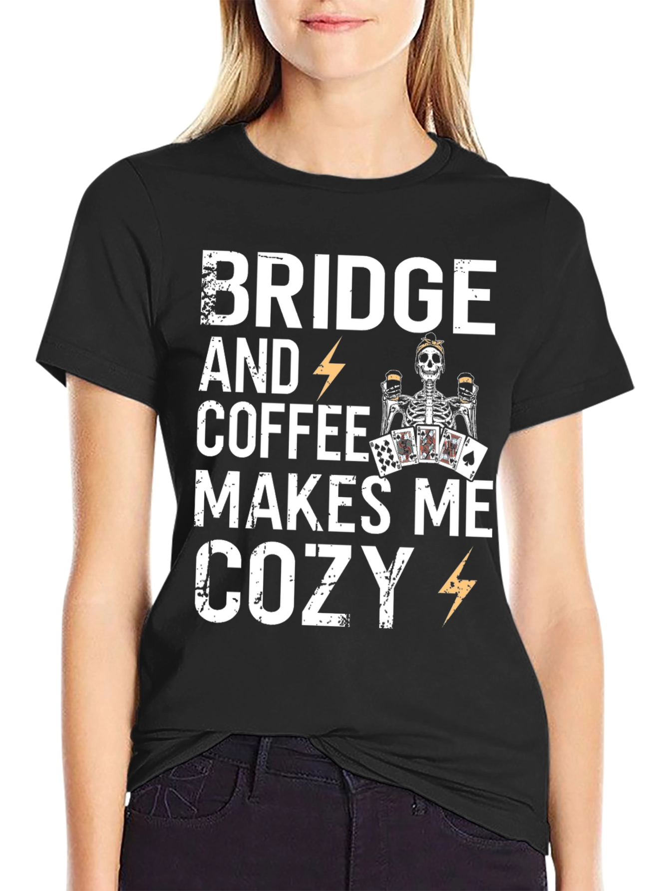 Bridge & Coffee T-Shirt - Cozy Skeleton Design