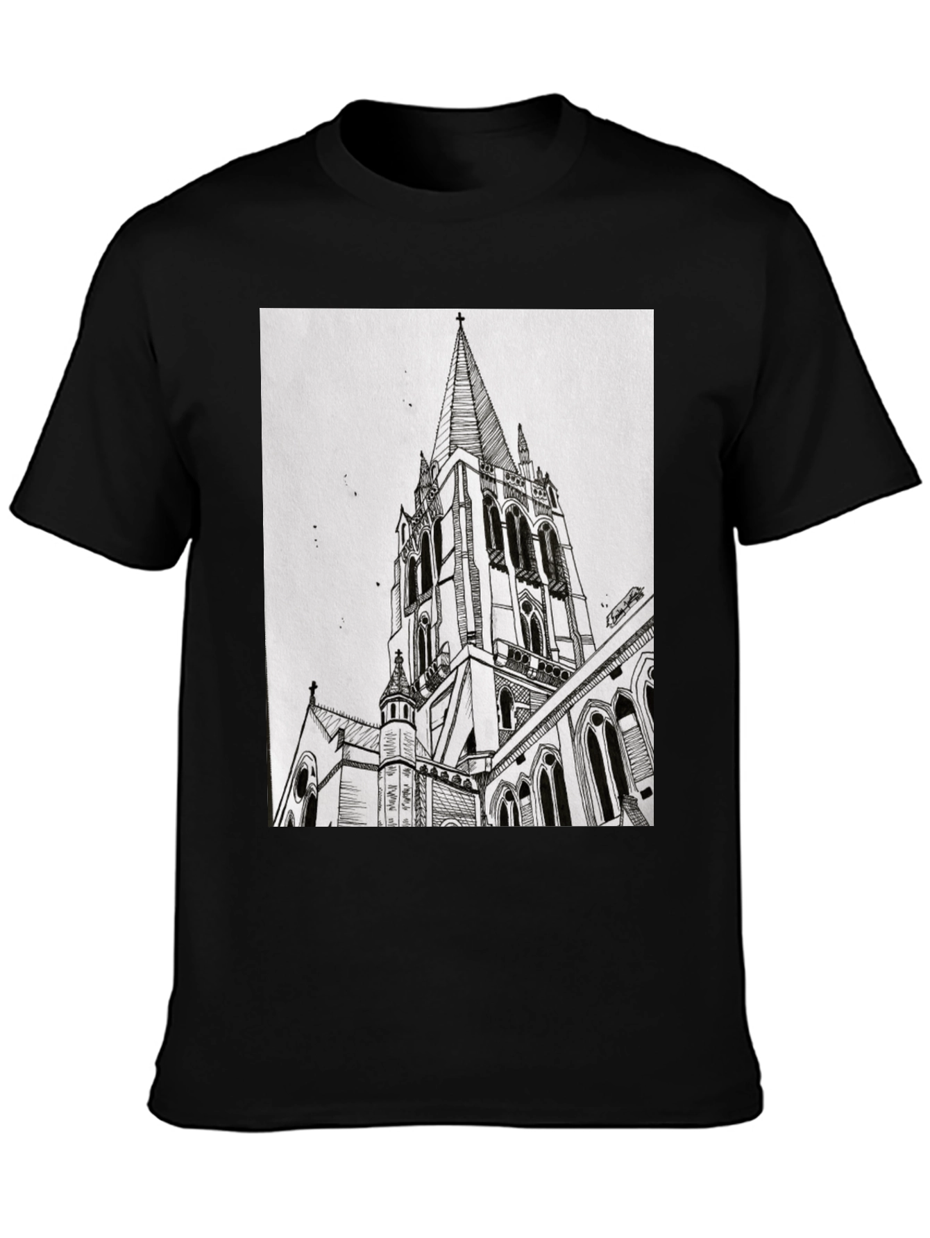 Architectural Church Drawing Graphic Tee - Black