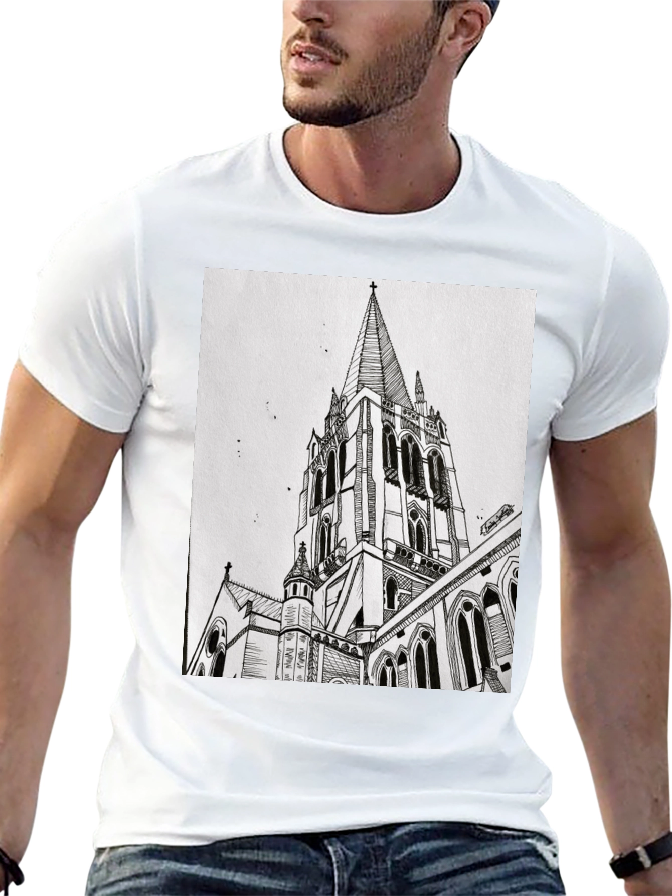 Architectural Church Drawing Graphic Tee - Black