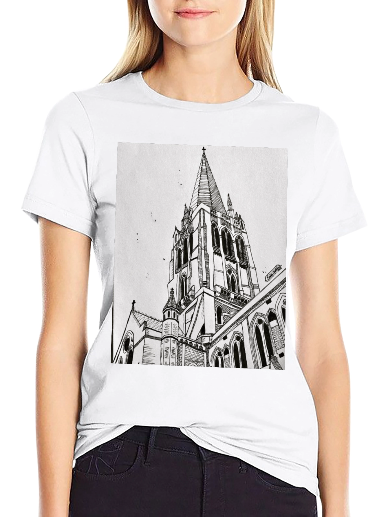 Architectural Church Drawing Graphic Tee - Black