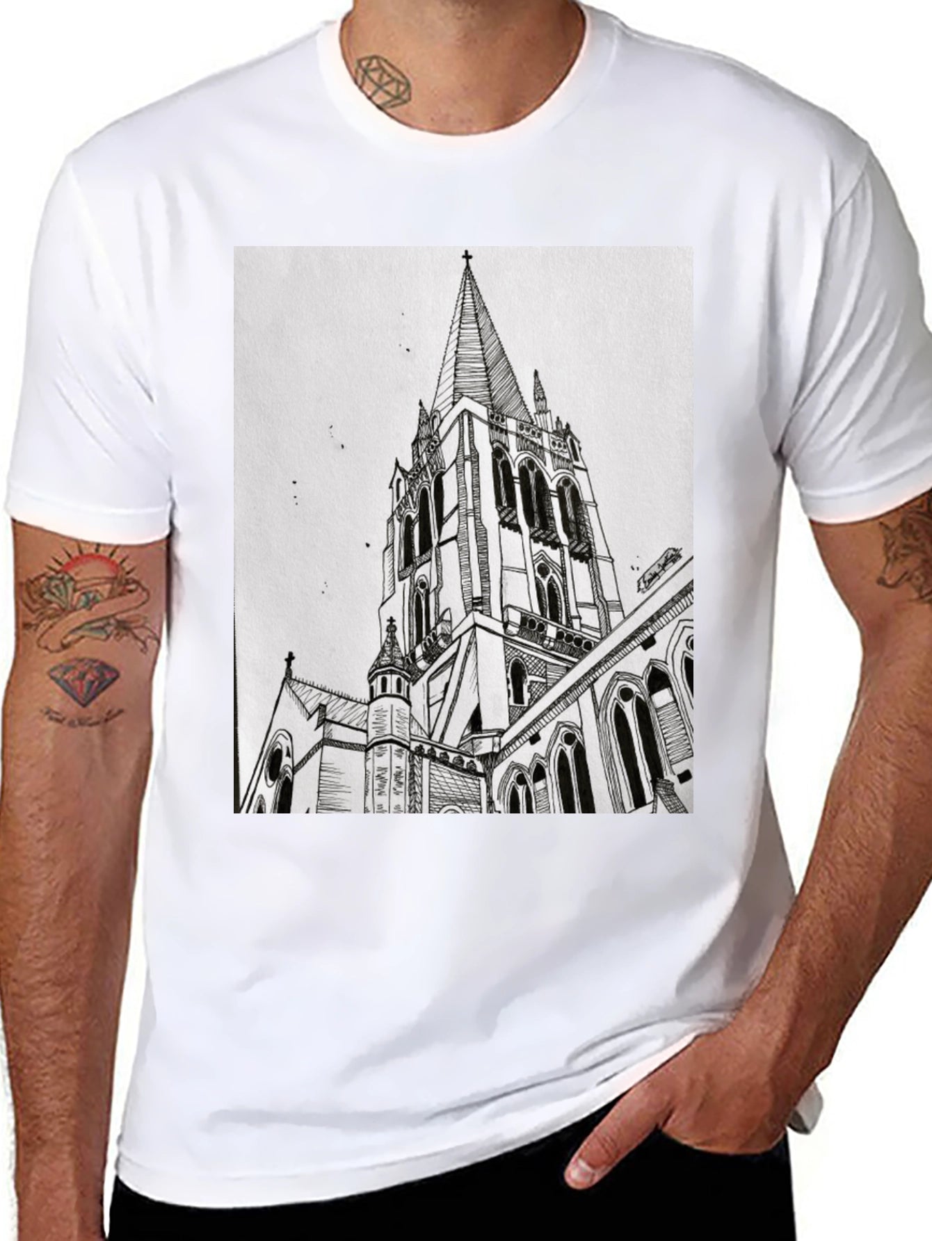 Architectural Church Drawing Graphic Tee - Black