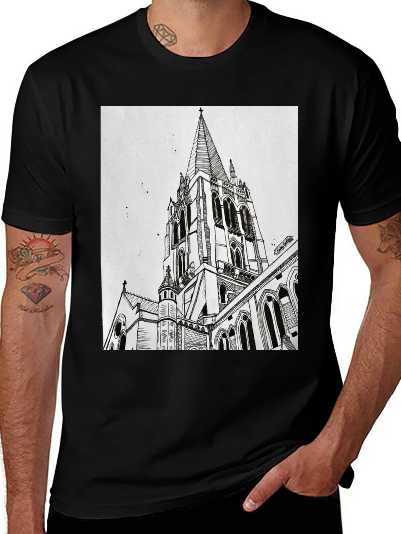 Architectural Church Drawing Graphic Tee - Black