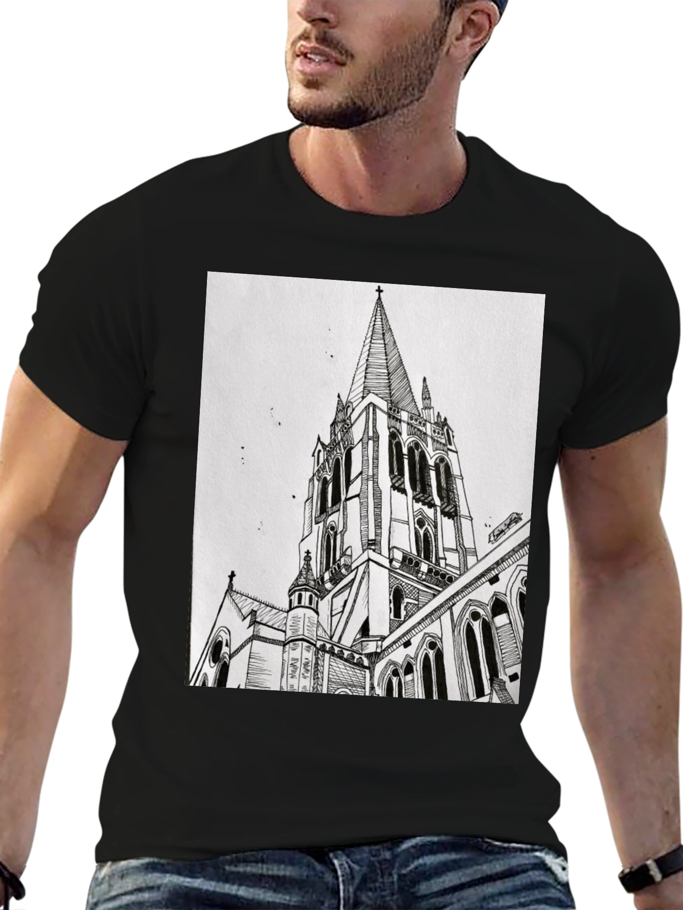 Architectural Church Drawing Graphic Tee - Black