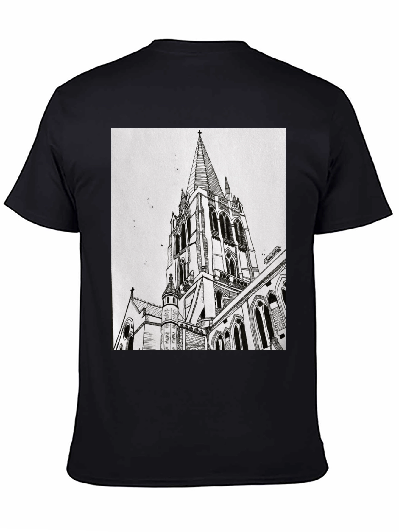 Architectural Church Drawing Graphic Tee - Black