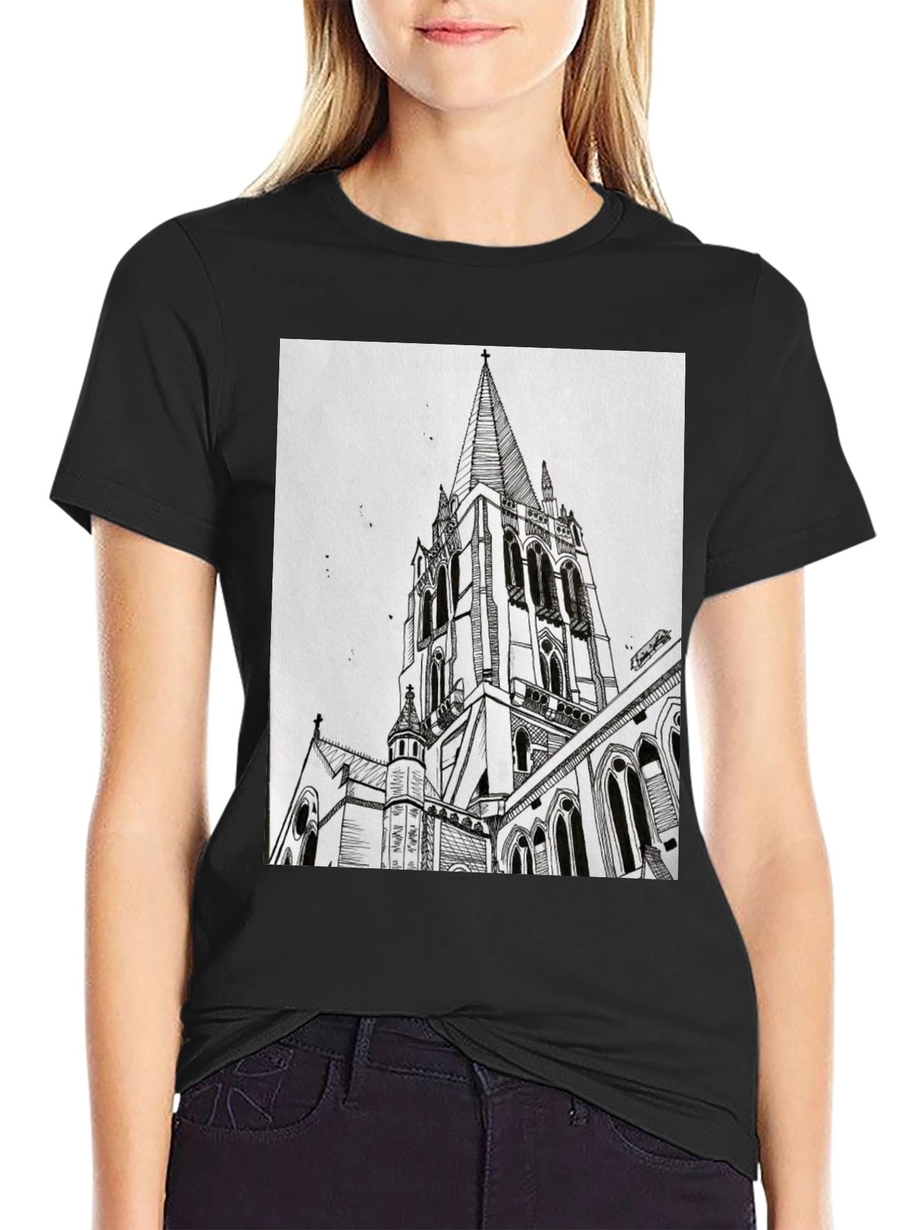 Architectural Church Drawing Graphic Tee - Black