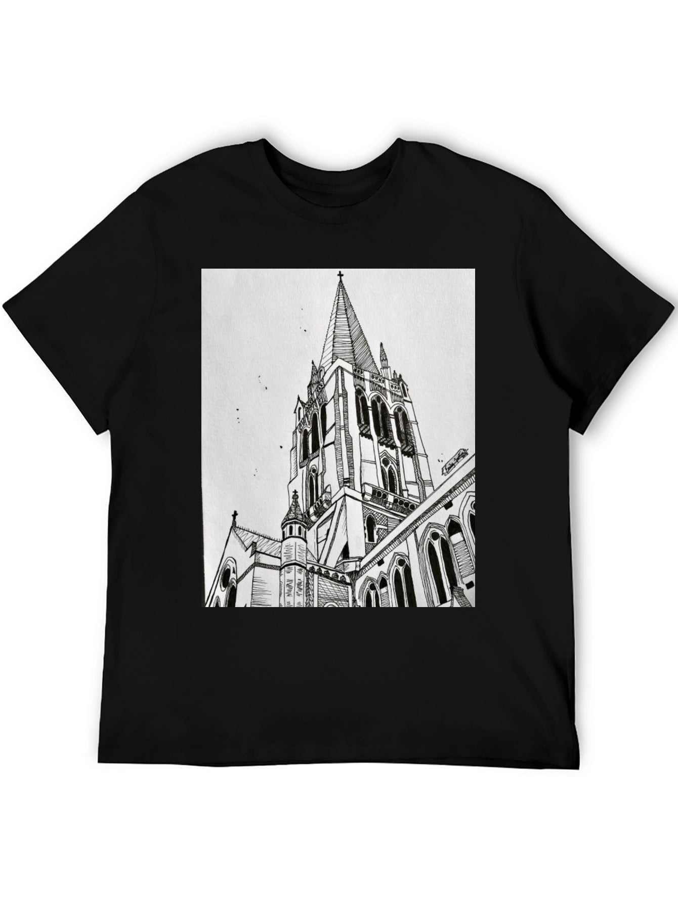 Architectural Church Drawing Graphic Tee - Black