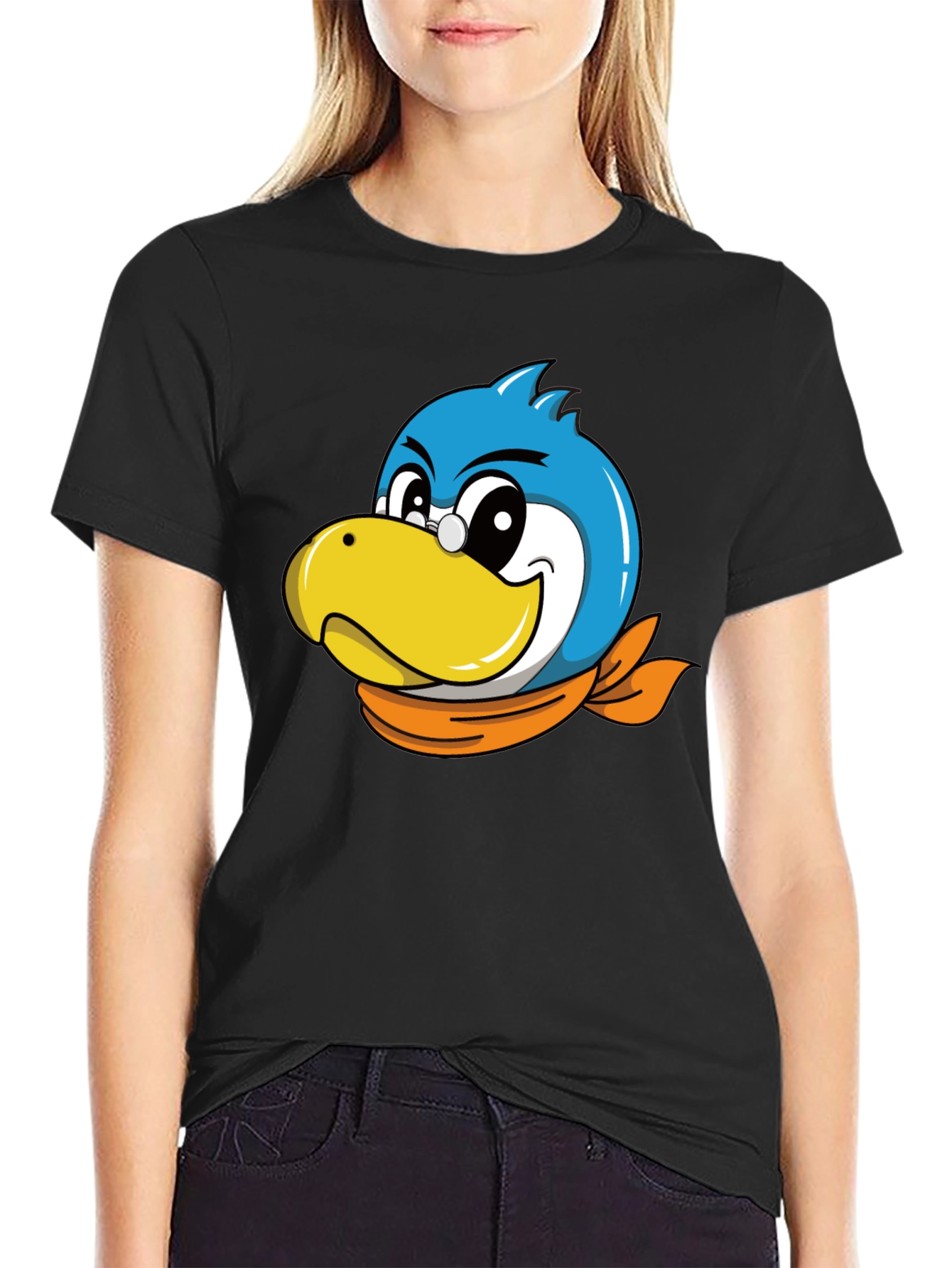 Cartoon Bird Graphic Tee - Black Cotton Blend