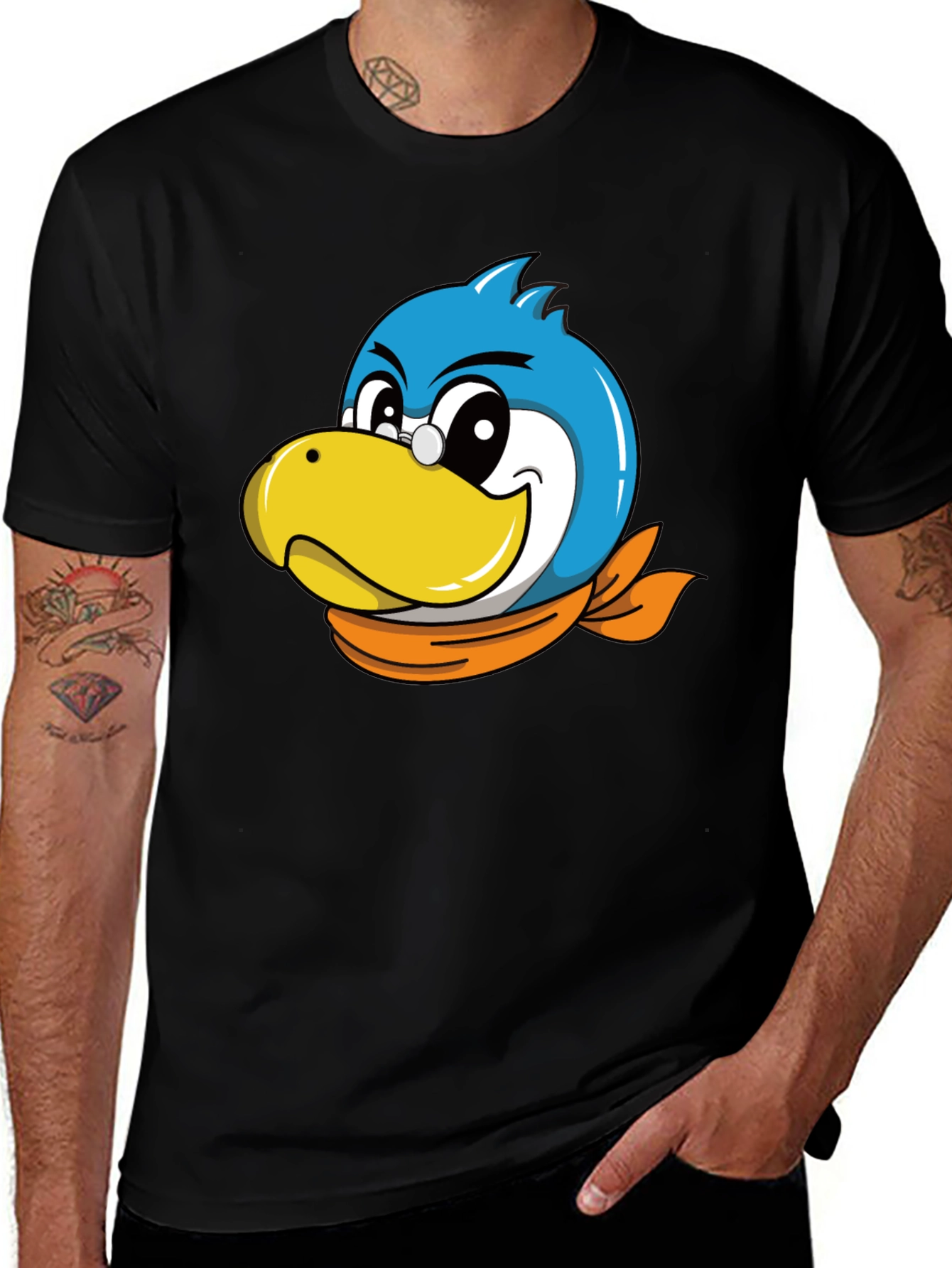 Cartoon Bird Graphic Tee - Black Cotton Blend