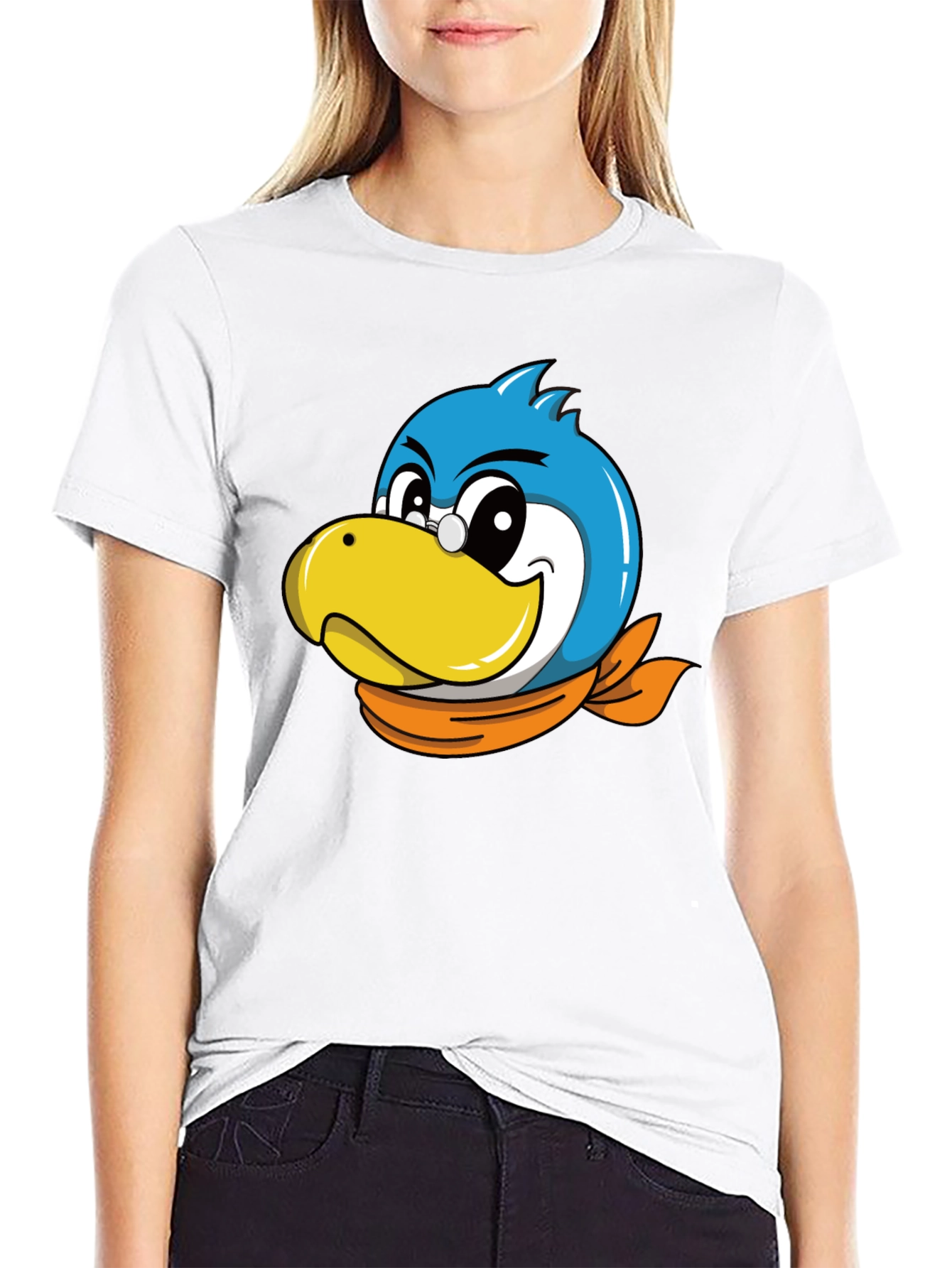 Cartoon Bird Graphic Tee - Black Cotton Blend
