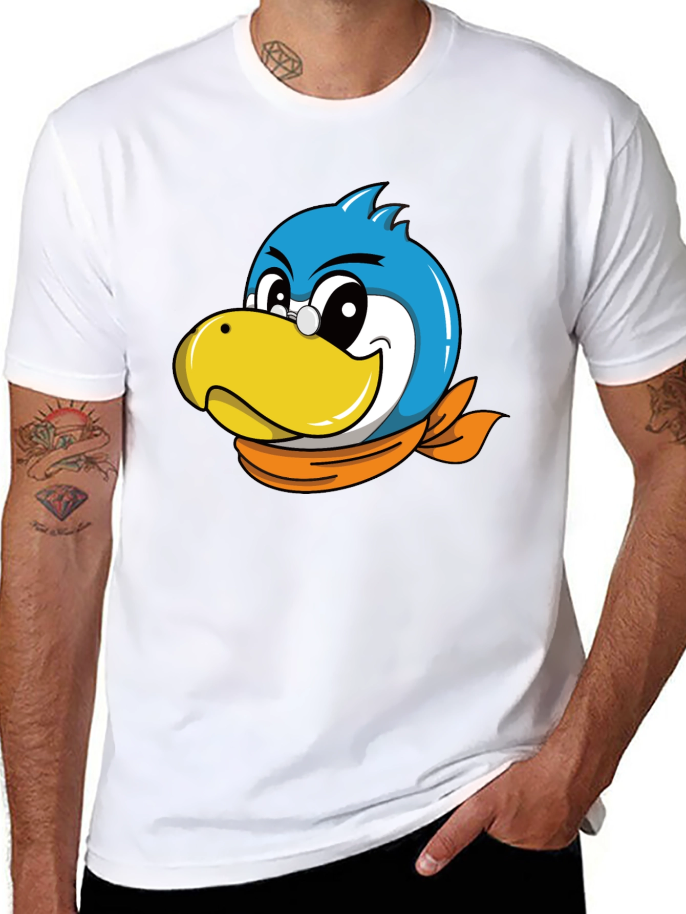 Cartoon Bird Graphic Tee - Black Cotton Blend