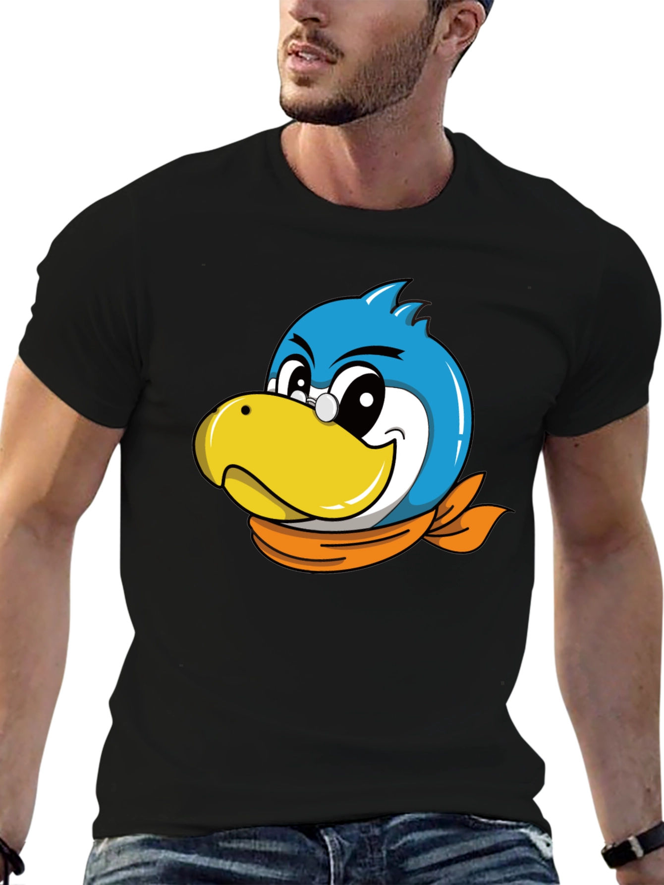 Cartoon Bird Graphic Tee - Black Cotton Blend