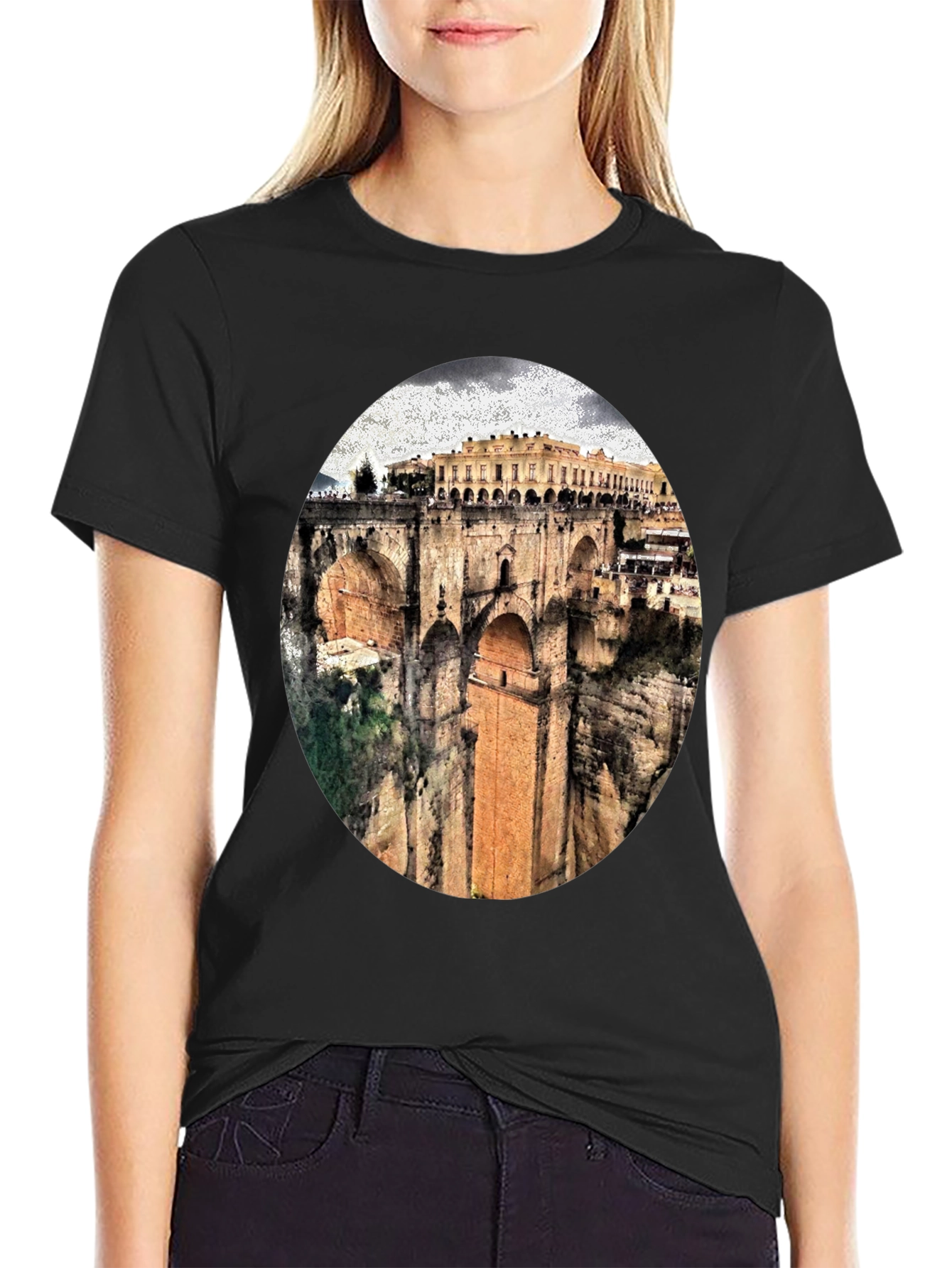 Black T-Shirt with Ronda Bridge Design