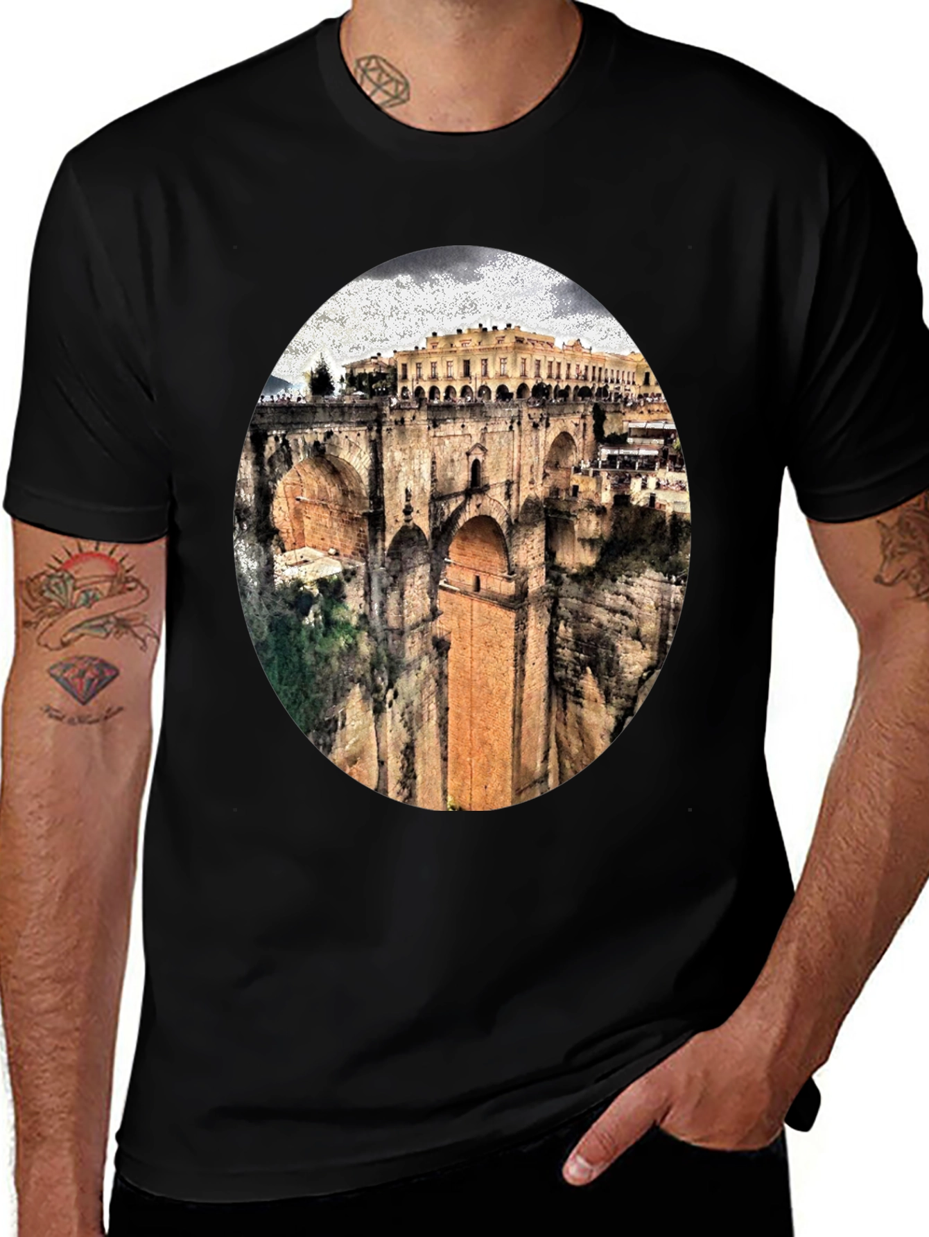 Black T-Shirt with Ronda Bridge Design