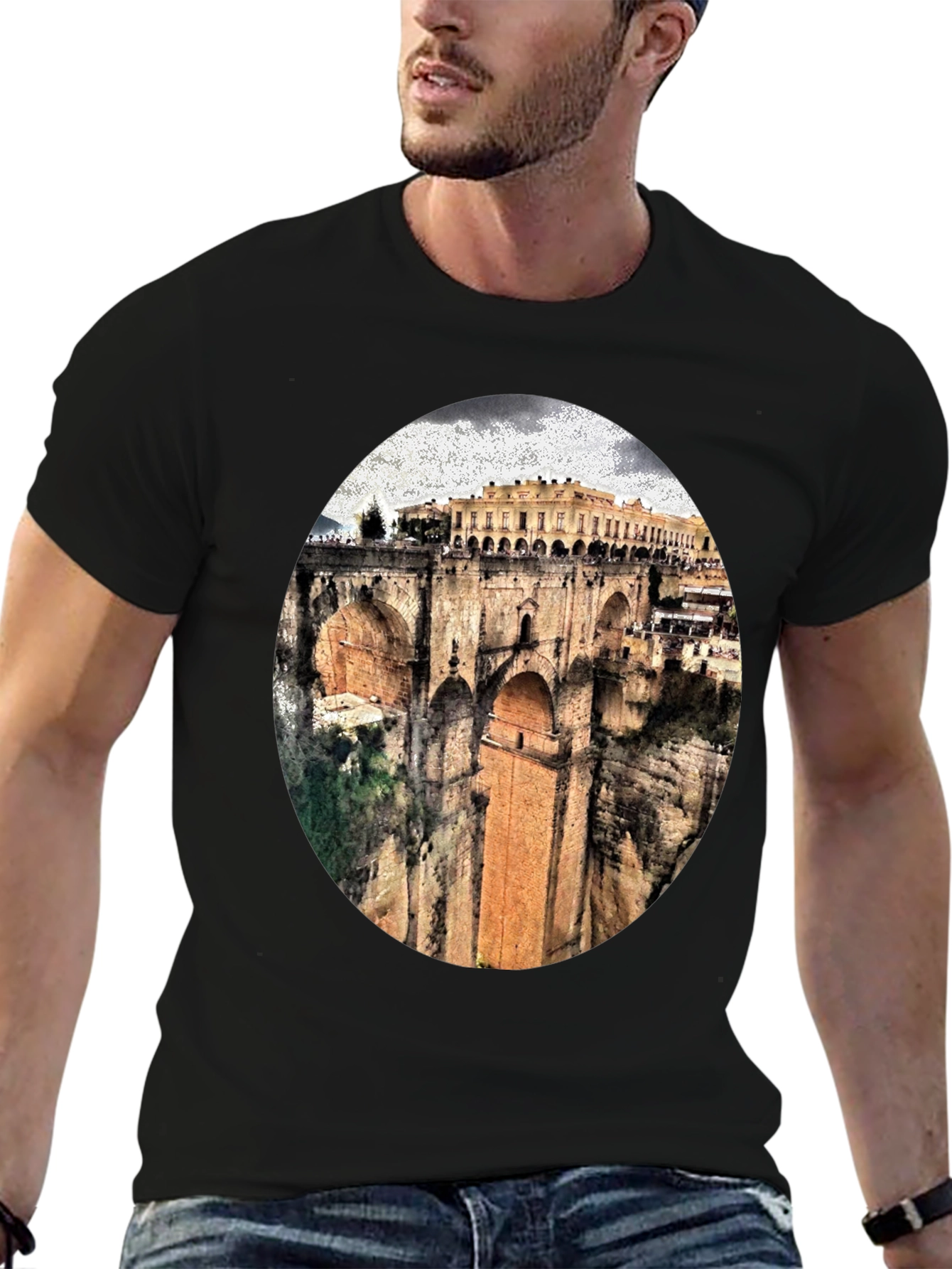Black T-Shirt with Ronda Bridge Design