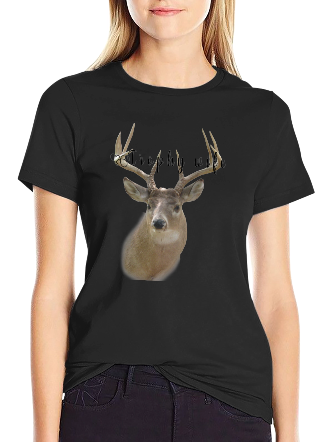 Trophy Wife Deer Graphic Tee - Black Crewneck Shirt